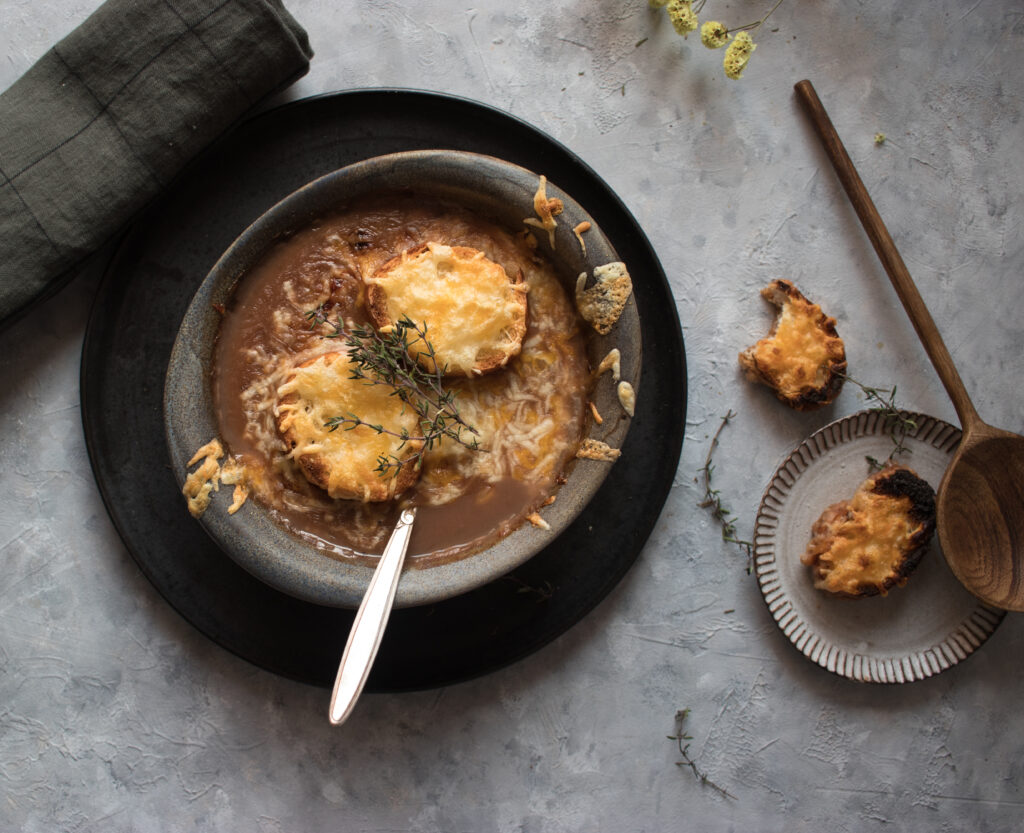 Bowl with French onion soup